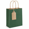 Sacchetto regalo 26 x 12 x 32 cm in carta verde con manici intrecciati e cartellino