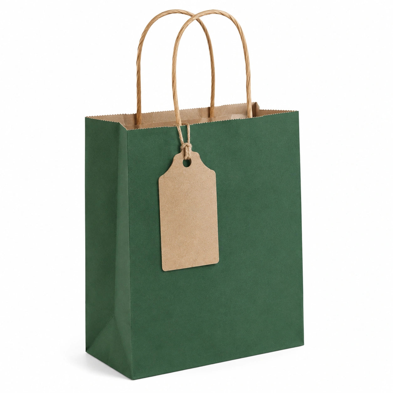 Sacchetto regalo 26 x 12 x 32 cm in carta verde con manici intrecciati e cartellino
