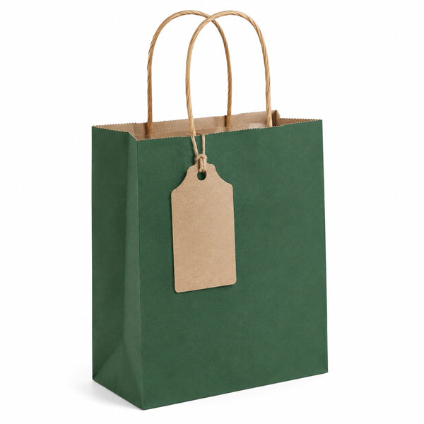 Sacchetto regalo 26 x 12 x 32 cm in carta verde con manici intrecciati e cartellino