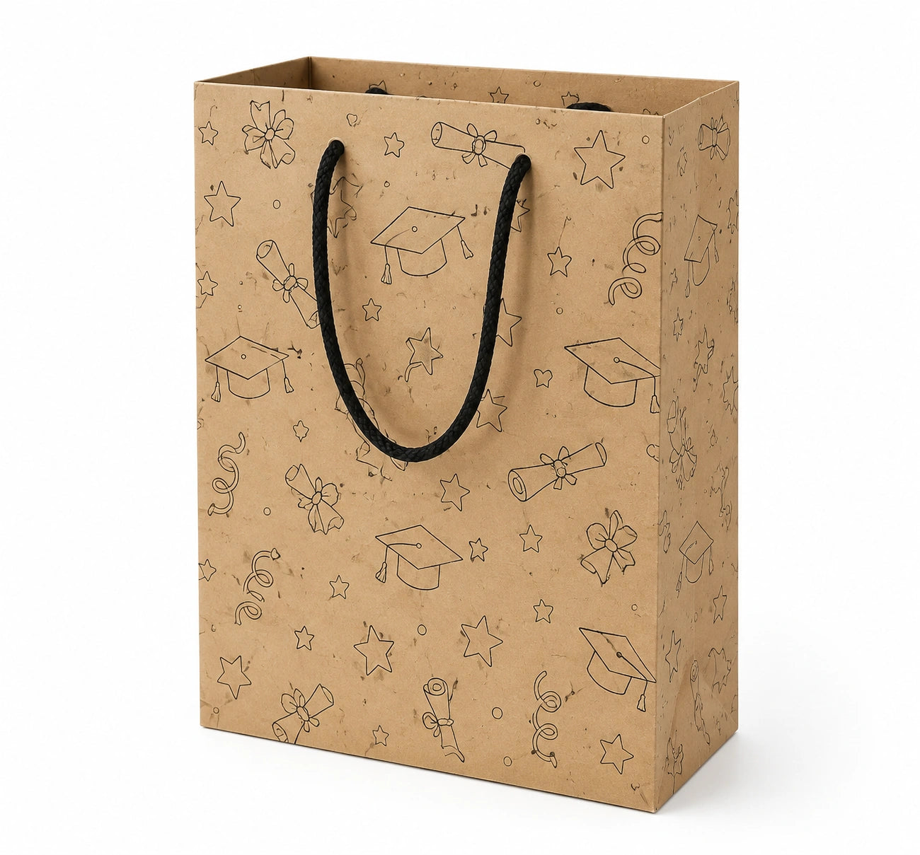 Sacchetto regalo 26 x 12 x 32 cm in cartone kraft marrone con manici neri per laurea