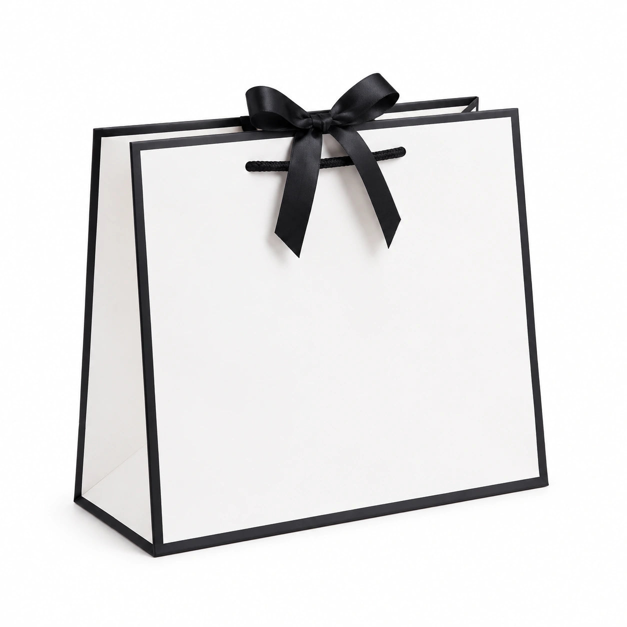 Borsa regalo 30 x 12 x 25 cm in carta bianca e nera con manici in corda stile elegante