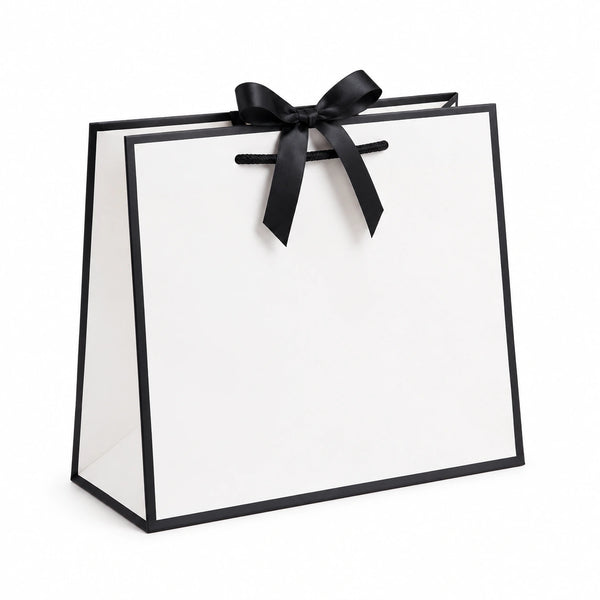 Borsa regalo 30 x 12 x 25 cm in carta bianca e nera con manici in corda stile elegante