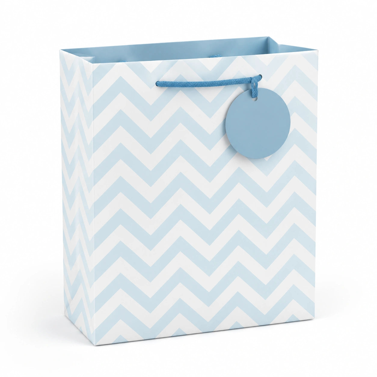 Sacchetto regalo 32 x 12 x 26 cm in carta azzurro e bianco con manici in corda stile chevron
