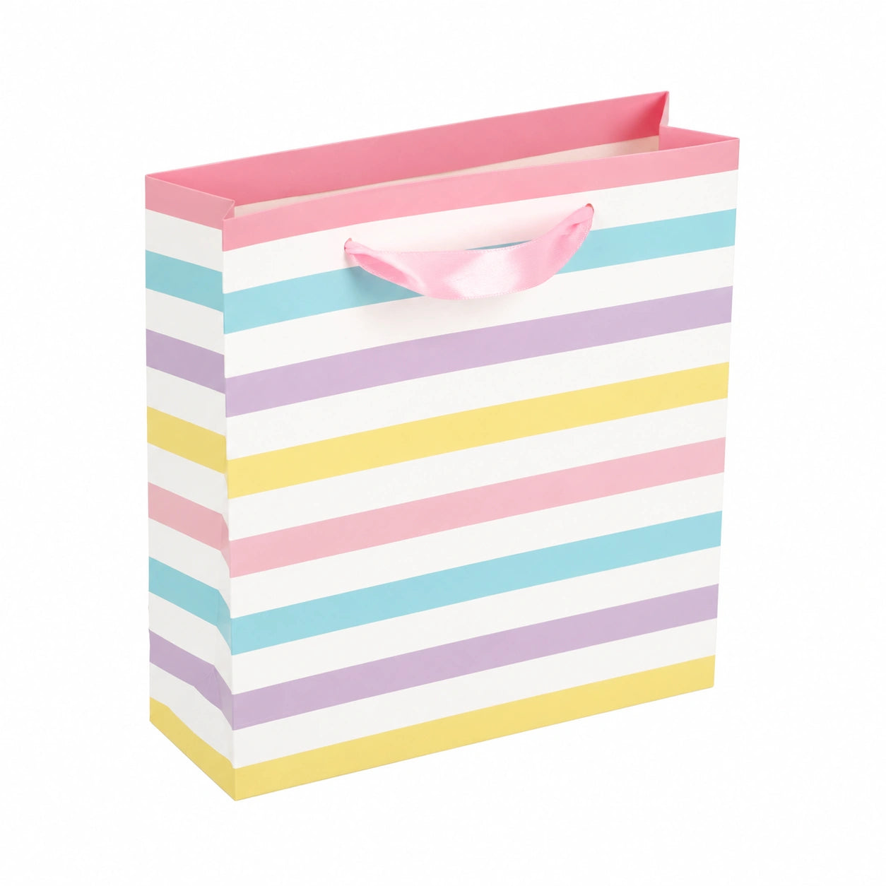 Borsa regalo in carta 26 x 12 x 32 cm a righe pastello con manici in nastro