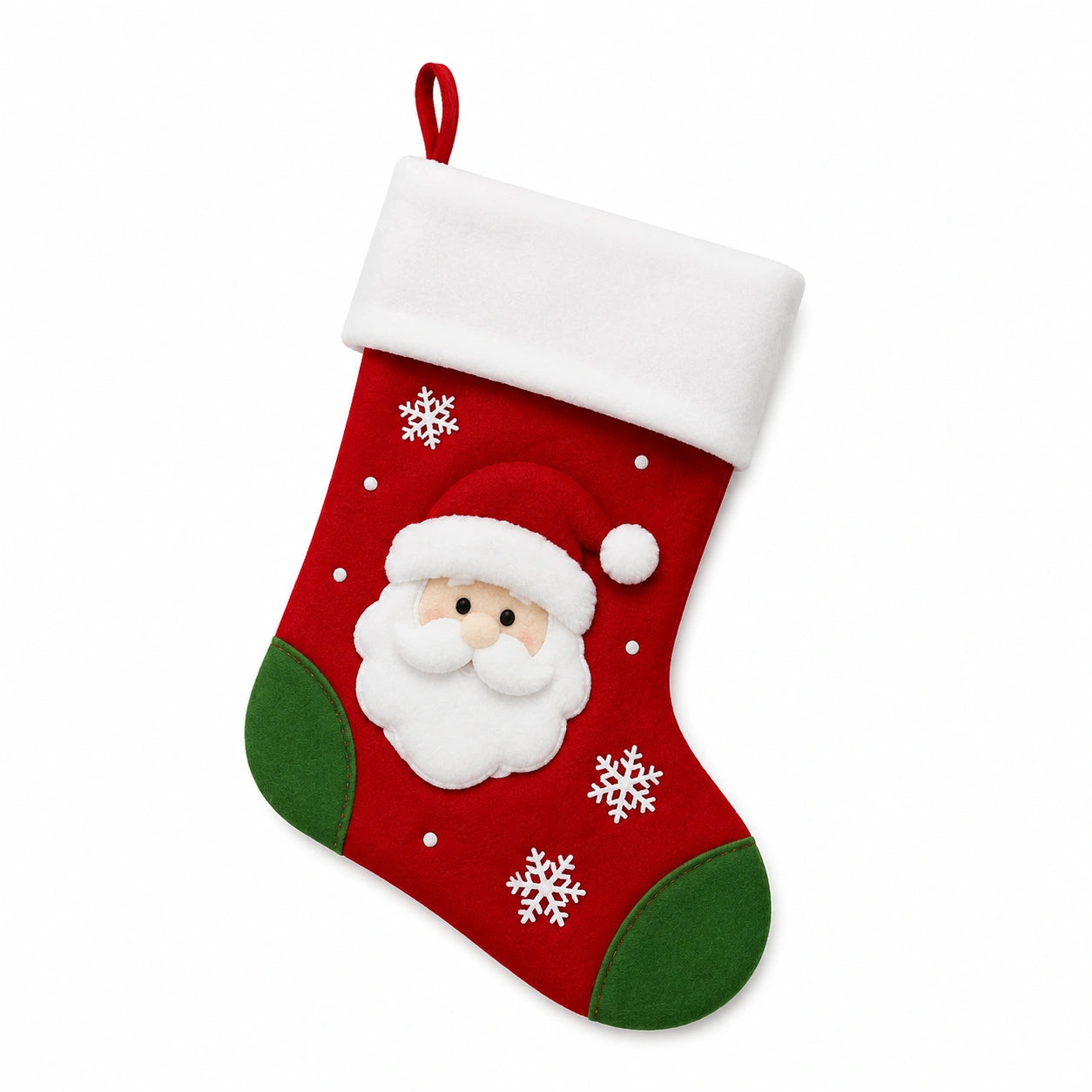 Calza decorativa natalizia 45 cm in tessuto rosso bianco verde con appendino e applicazione Babbo Natale