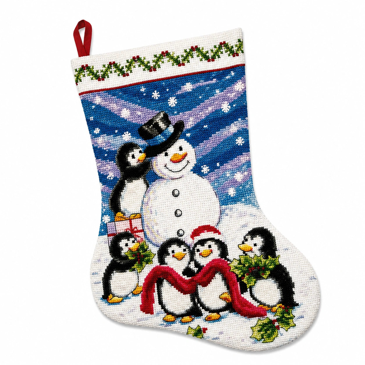 Calza natalizia 45 x 28 cm in tessuto ricamato blu bianco rosso con pupazzi di neve e pinguini