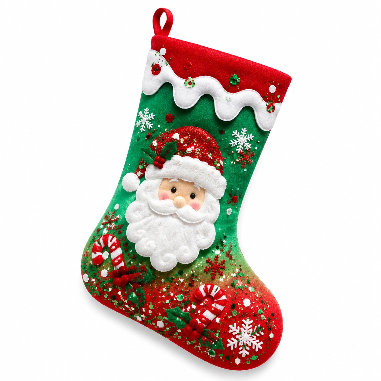 Calza natalizia 45 cm in feltro rosso verde e bianco con Babbo Natale da appendere