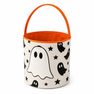 Cestino portaoggetti rotondo 20 x 20 cm in tessuto bianco e arancione con fantasmi - manico per dolcetti