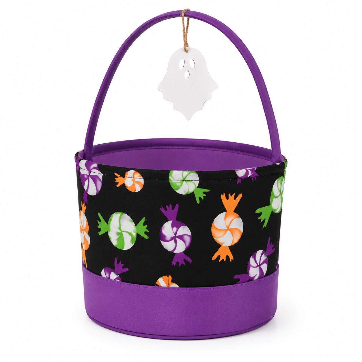Cestino porta dolcetti Halloween diametro 25 cm in tessuto viola e nero con manico