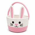 Cestino portaoggetti rotondo 20 x 18 cm in corda di cotone rosa e bianco con manico stile coniglio