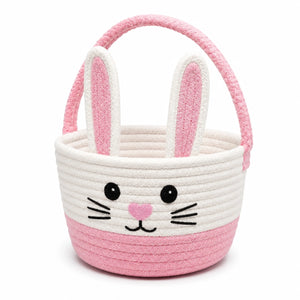 Cestino portaoggetti rotondo 20 x 18 cm in corda di cotone rosa e bianco con manico stile coniglio