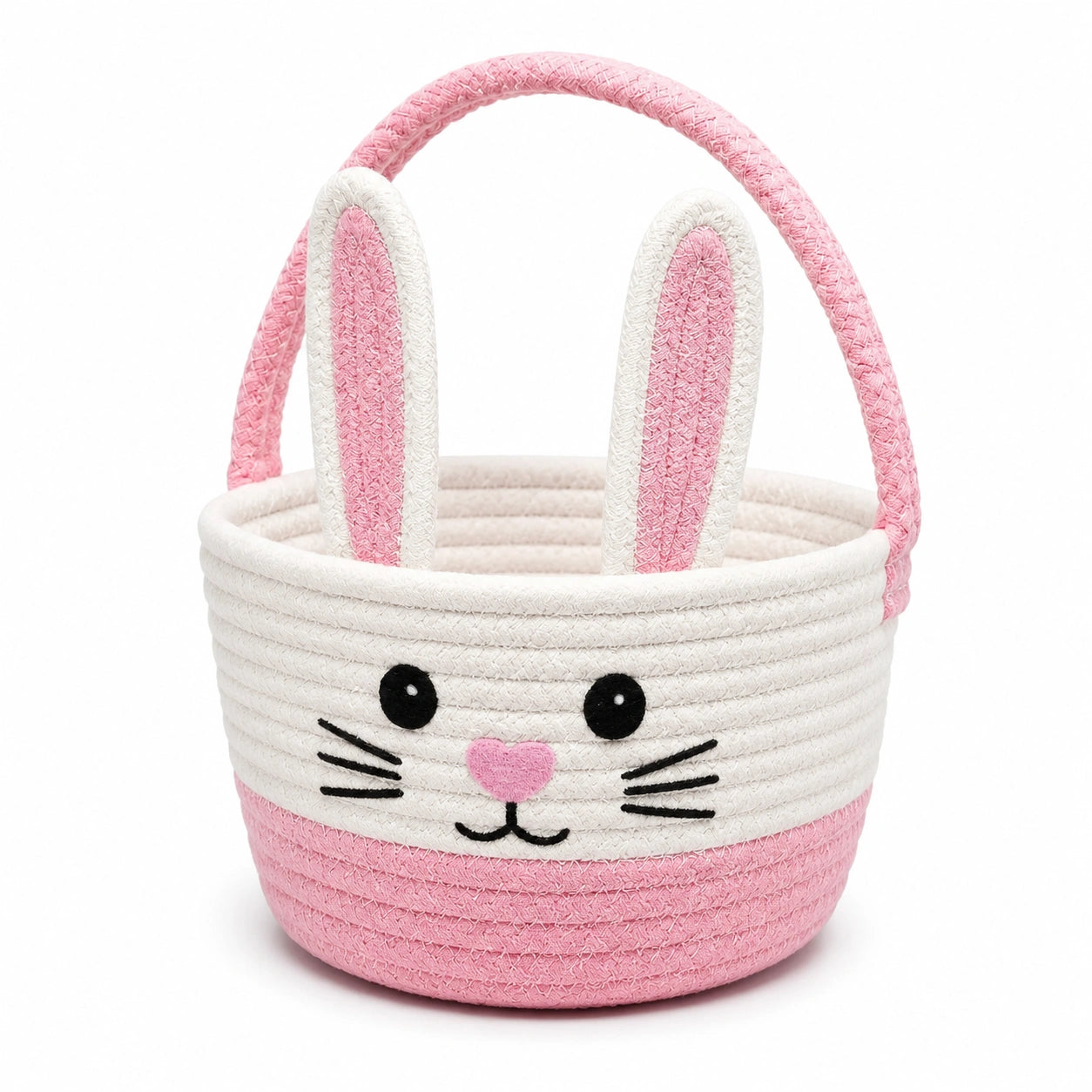Cestino portaoggetti rotondo 20 x 18 cm in corda di cotone rosa e bianco con manico stile coniglio