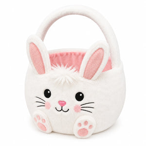 Cestino pasquale in peluche 25 x 30 cm bianco e rosa con manico - contenitore decorativo con coniglio