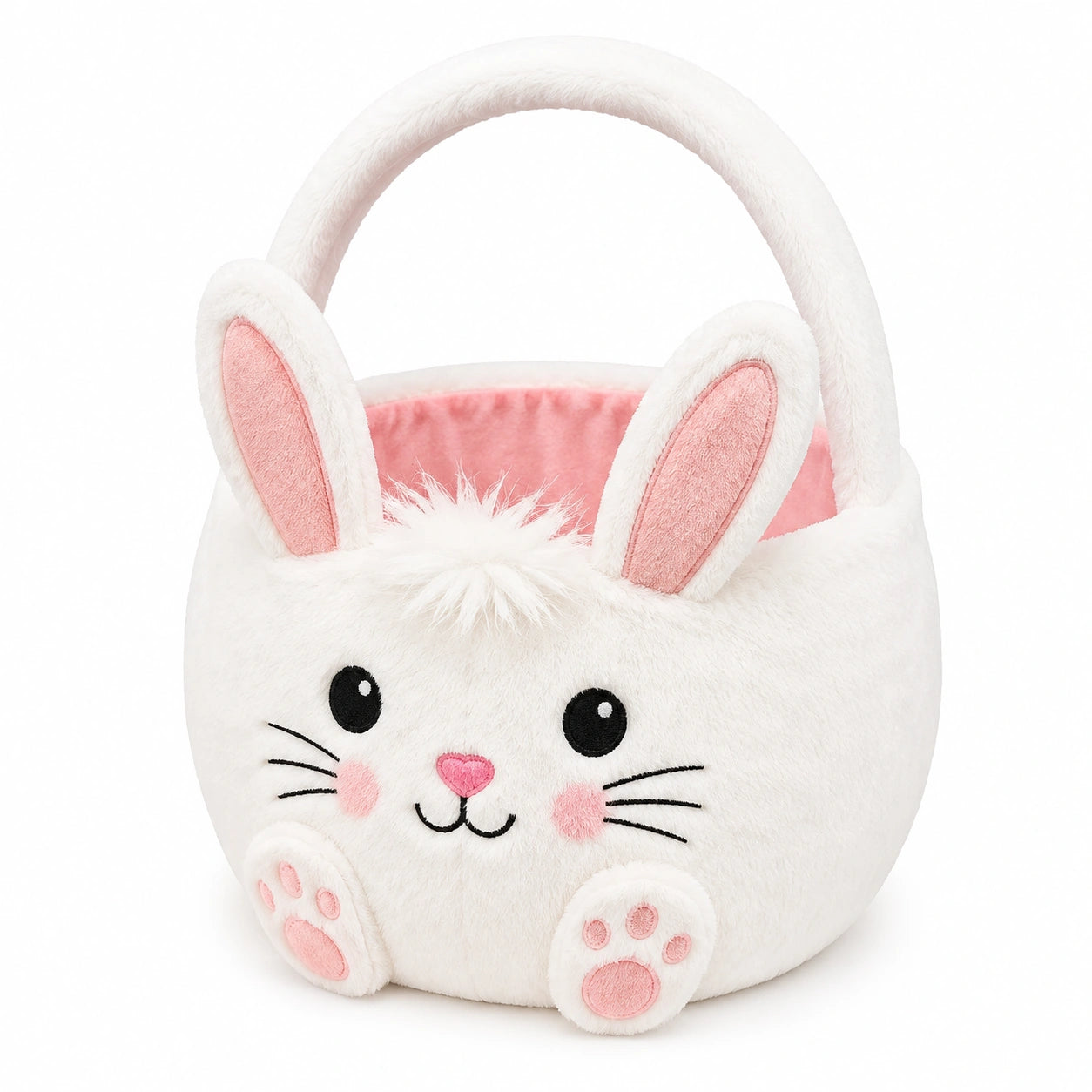 Cestino pasquale in peluche 25 x 30 cm bianco e rosa con manico - contenitore decorativo con coniglio