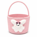 Cestino portaoggetti rotondo 25 x 20 cm in corda di cotone rosa con manico e decorazione coniglio