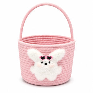 Cestino portaoggetti rotondo 25 x 20 cm in corda di cotone rosa con manico e decorazione coniglio