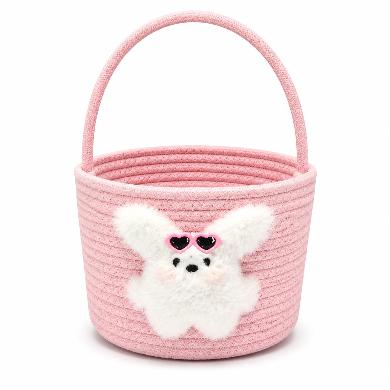 Cestino portaoggetti rotondo 25 x 20 cm in corda di cotone rosa con manico e decorazione coniglio