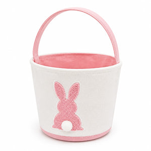 Cestino portaoggetti in tessuto diametro 20 cm rosa e bianco con manico e coniglio decorativo