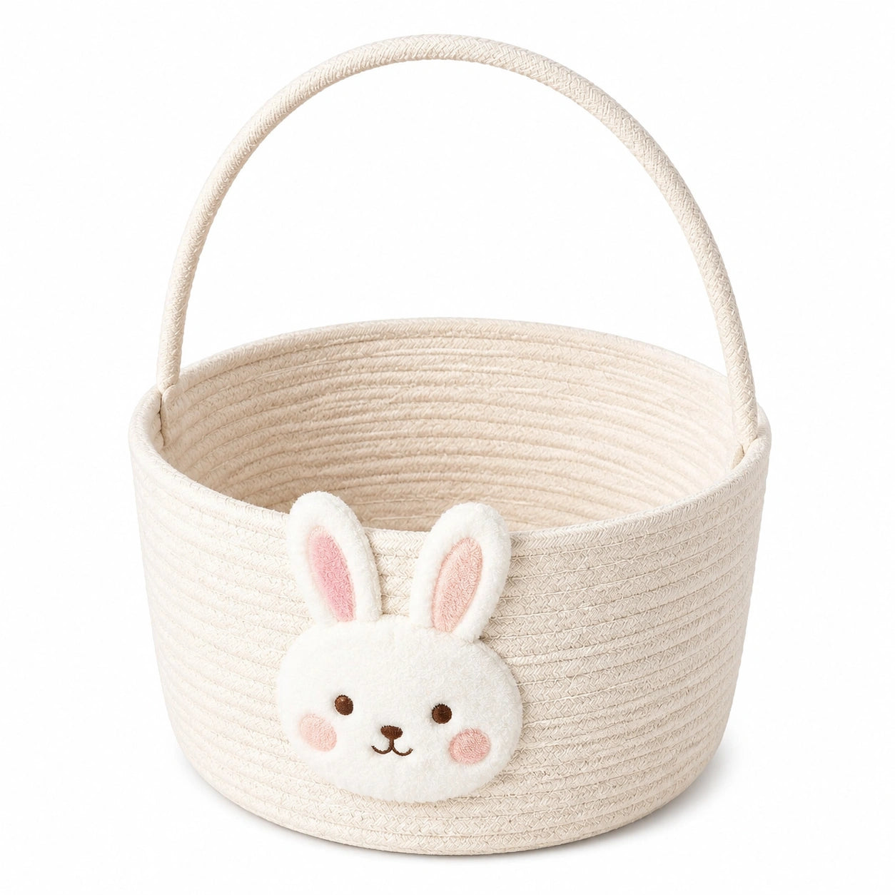 Cestino portaoggetti rotondo 30 cm in cotone beige con manico e coniglio