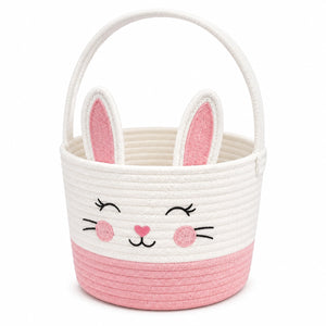 Cesto contenitore rotondo 30 cm in cotone bianco e rosa con manici - stile coniglio