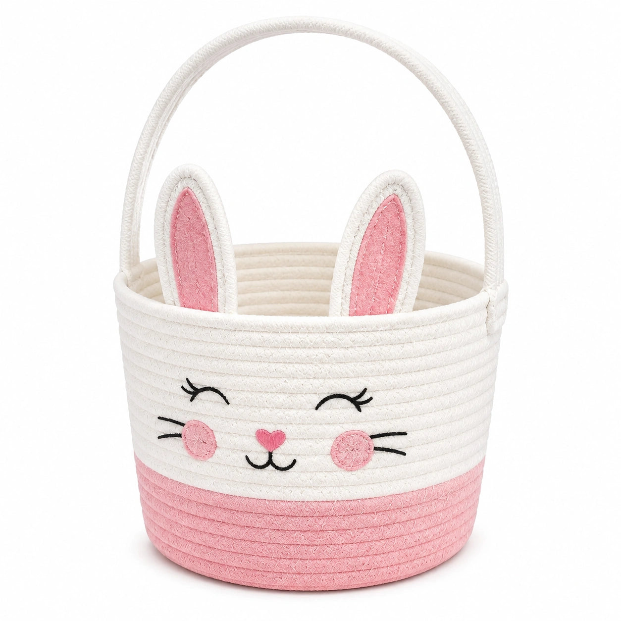 Cesto contenitore rotondo 30 cm in cotone bianco e rosa con manici - stile coniglio