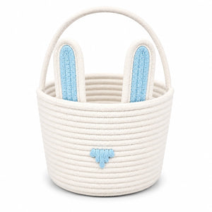 Cestino contenitore rotondo 25 cm in corda di cotone bianco e azzurro con manici stile coniglio