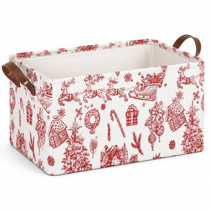 Cesto contenitore 38 x 26 x 26 cm in tessuto bianco e rosso con manici - stile natalizio