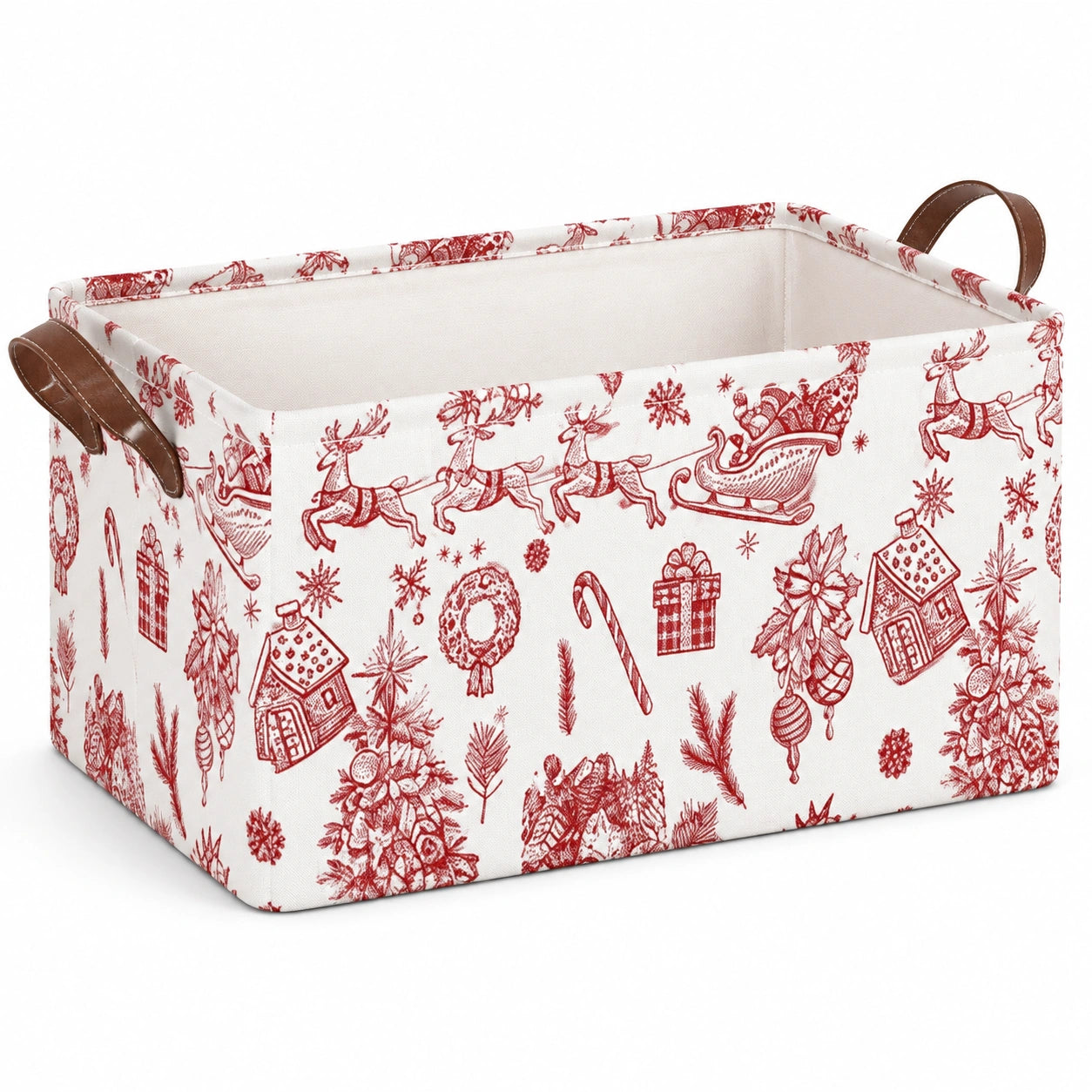 Cesto contenitore 38 x 26 x 26 cm in tessuto bianco e rosso con manici - stile natalizio
