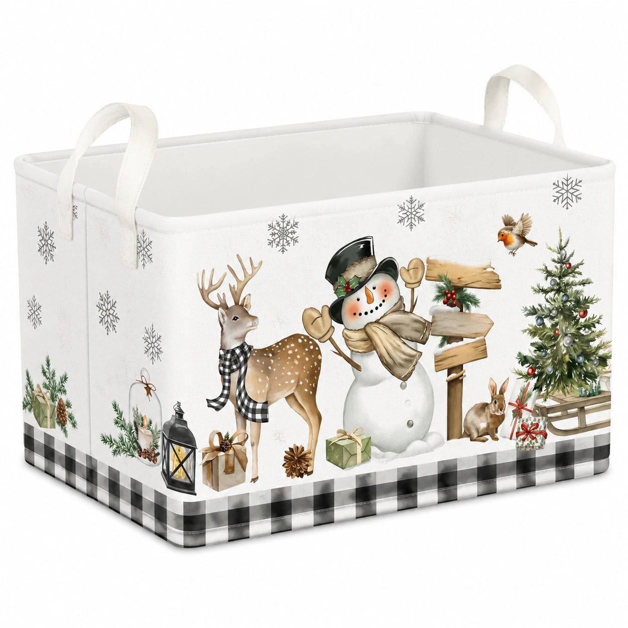 Cesto contenitore 40 x 30 x 30 cm in tessuto bianco con stampa natalizia e manici pieghevole