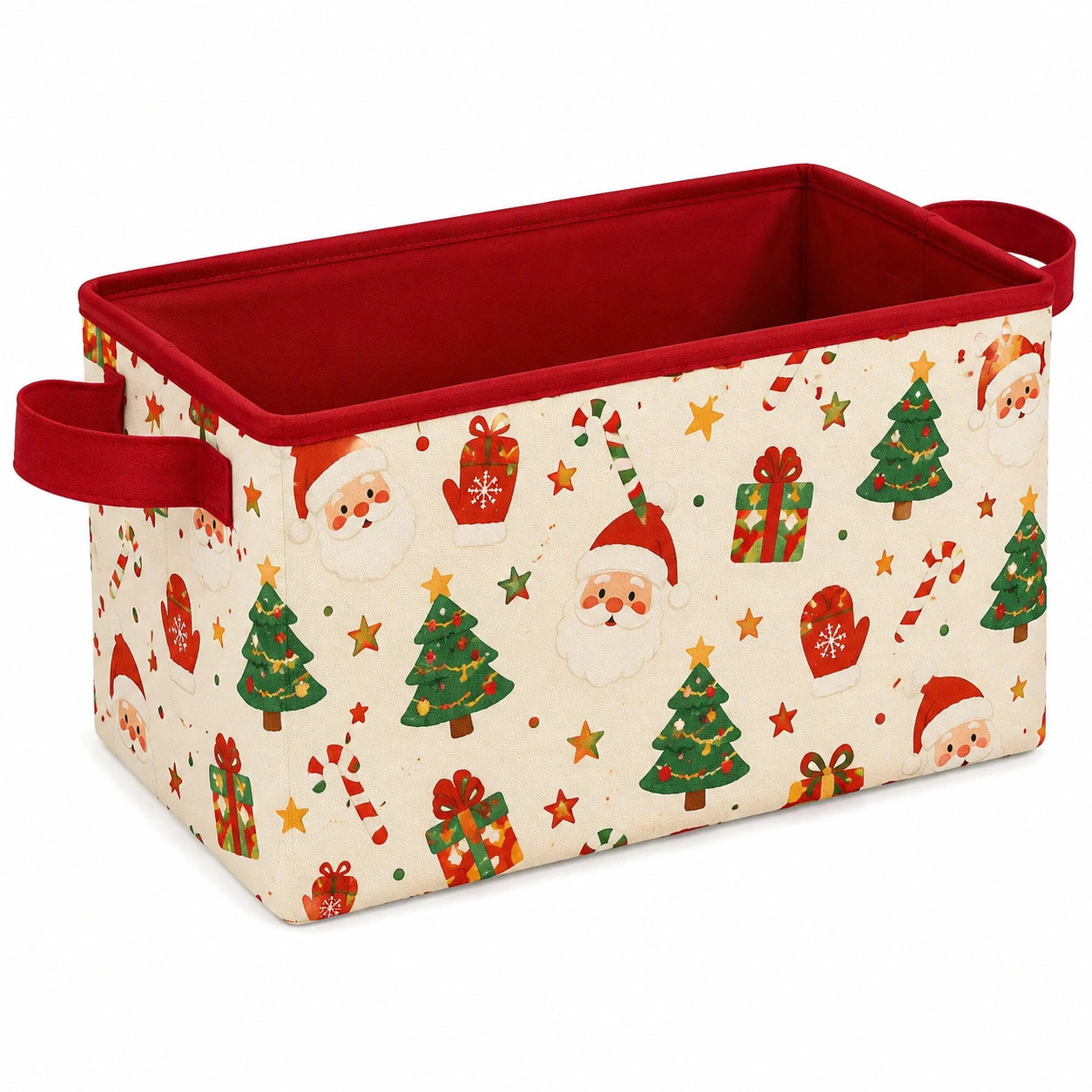 Cesto contenitore natalizio 30 x 20 x 20 cm in tessuto beige e rosso con manici