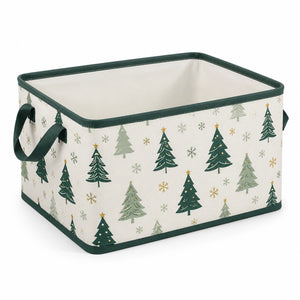 Cesto contenitore 38 x 28 x 25 cm in tessuto beige e verde con manici - stile natalizio pieghevole