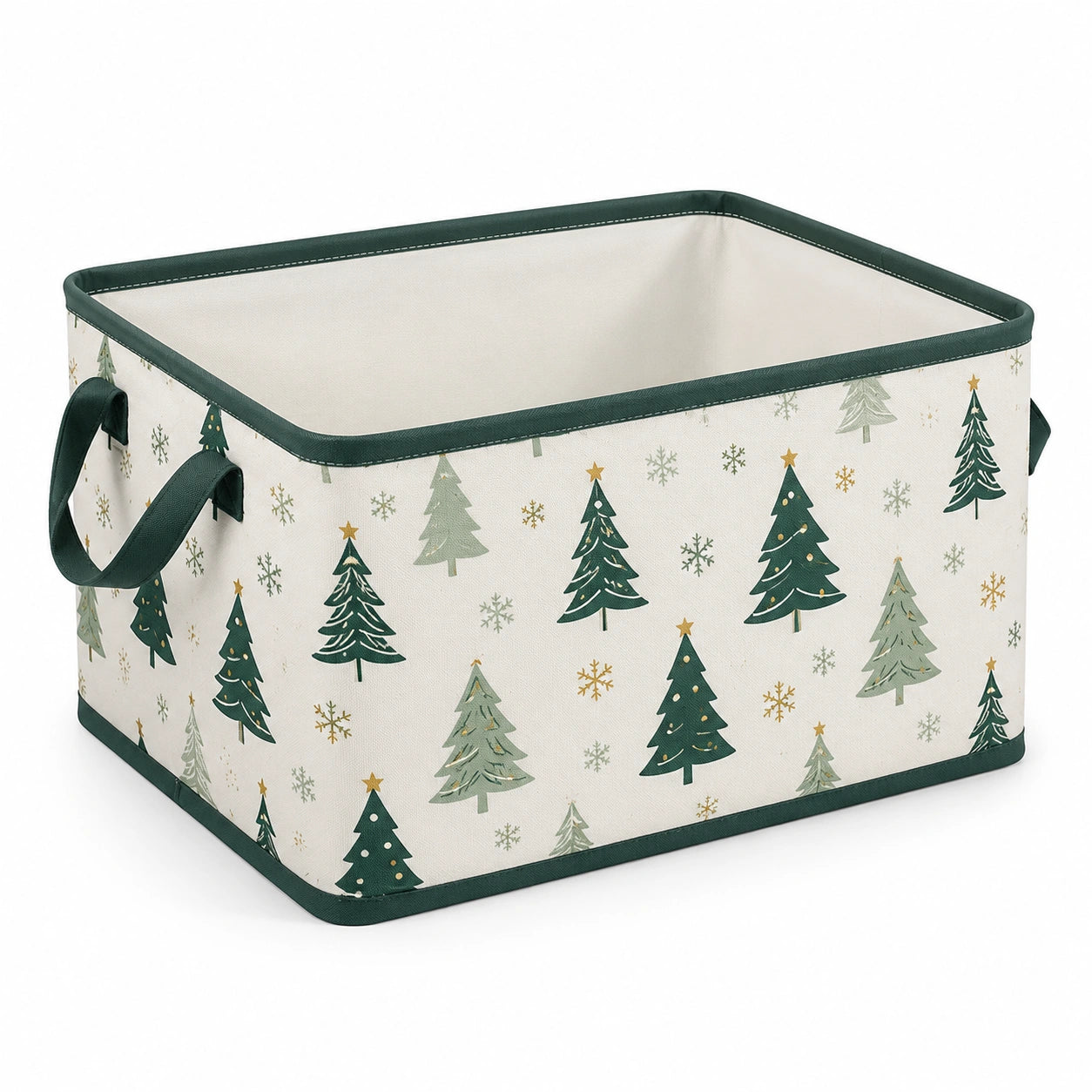 Cesto contenitore 38 x 28 x 25 cm in tessuto beige e verde con manici - stile natalizio pieghevole
