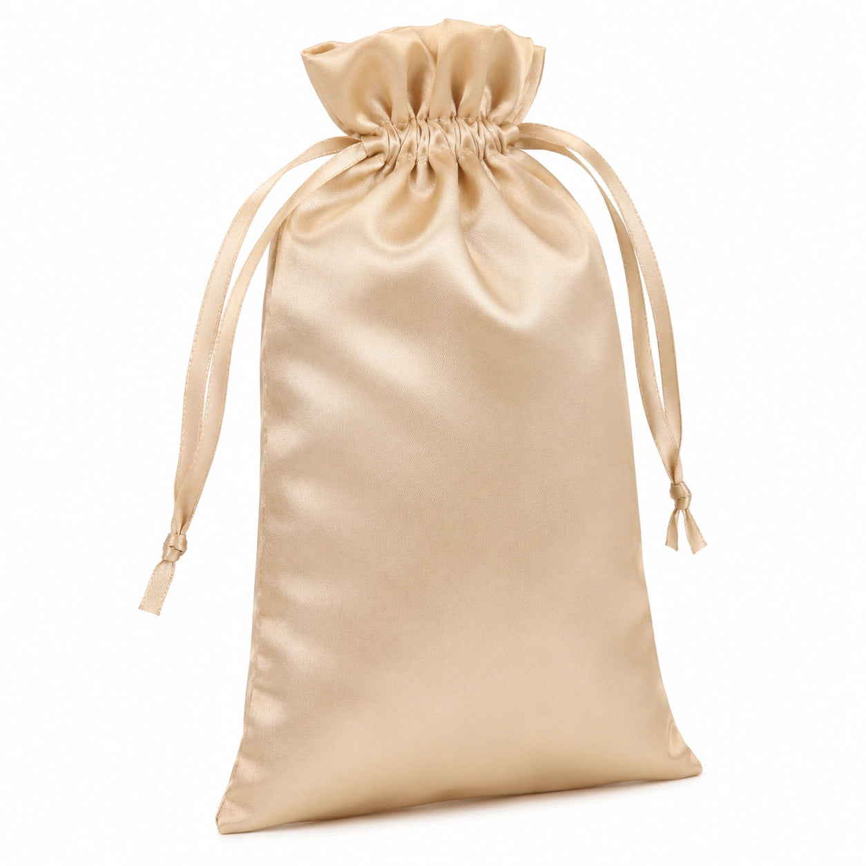 Sacchetto regalo 20 x 30 cm in tessuto satinato beige con chiusura a coulisse