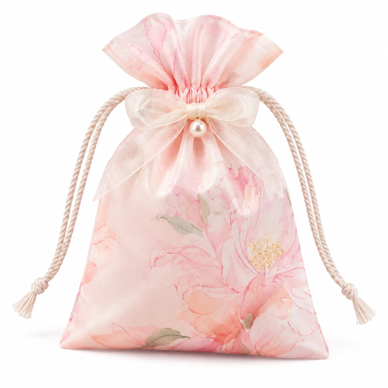 Sacchetto portagioie 18 x 23 cm in organza rosa con stampa floreale - chiusura a coulisse