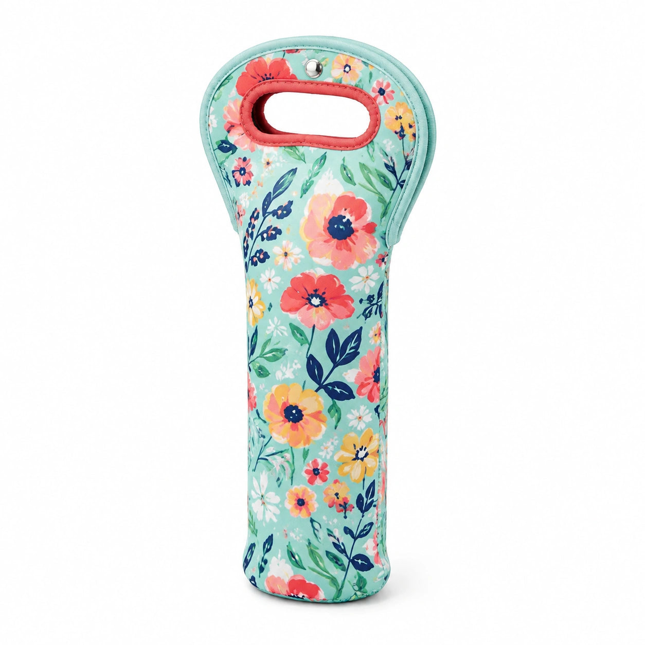 Portabottiglie termico 0.75 L in neoprene turchese con stampa floreale e maniglia