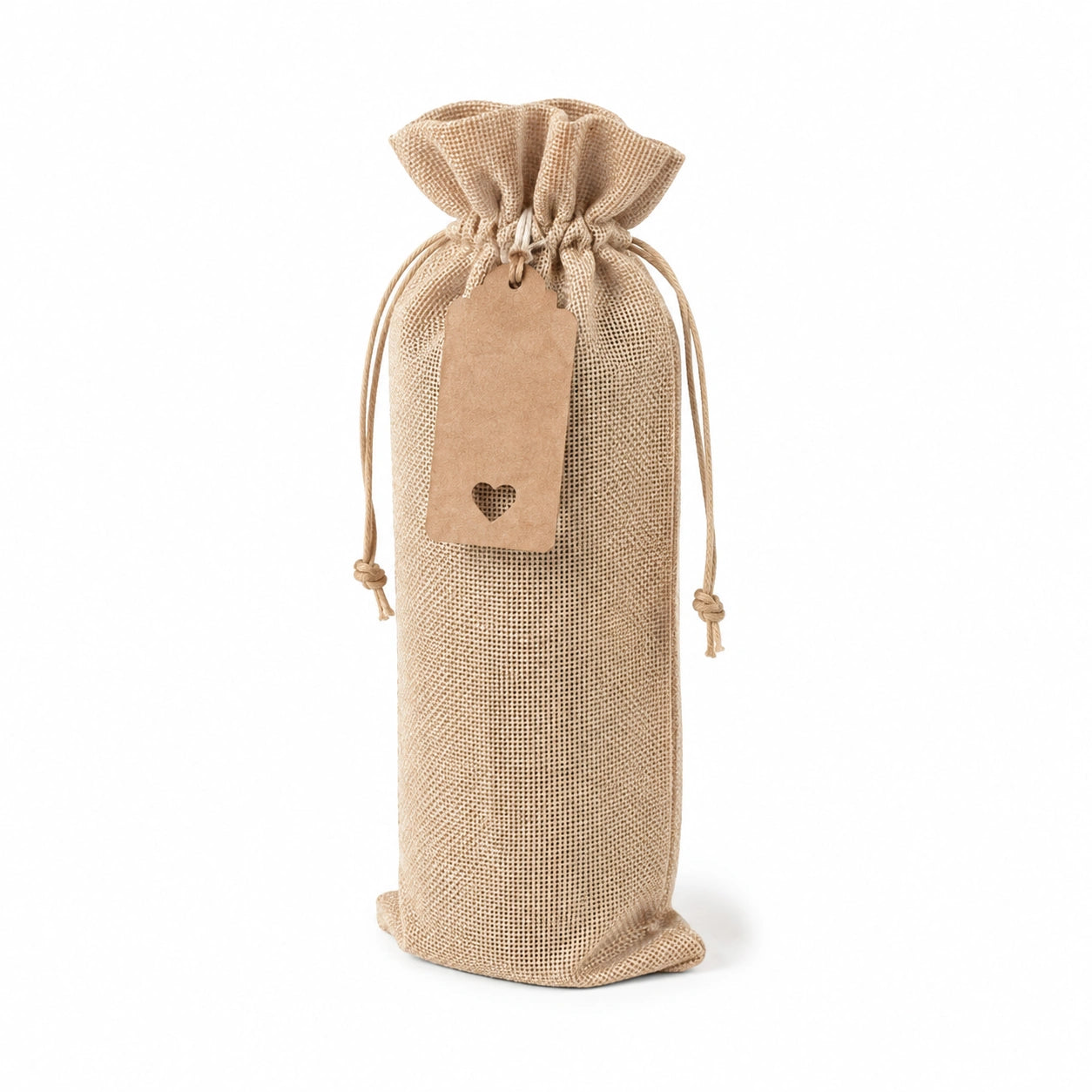 Sacchetto portabottiglia 12 x 12 x 35 cm in tessuto effetto juta beige con chiusura a coulisse