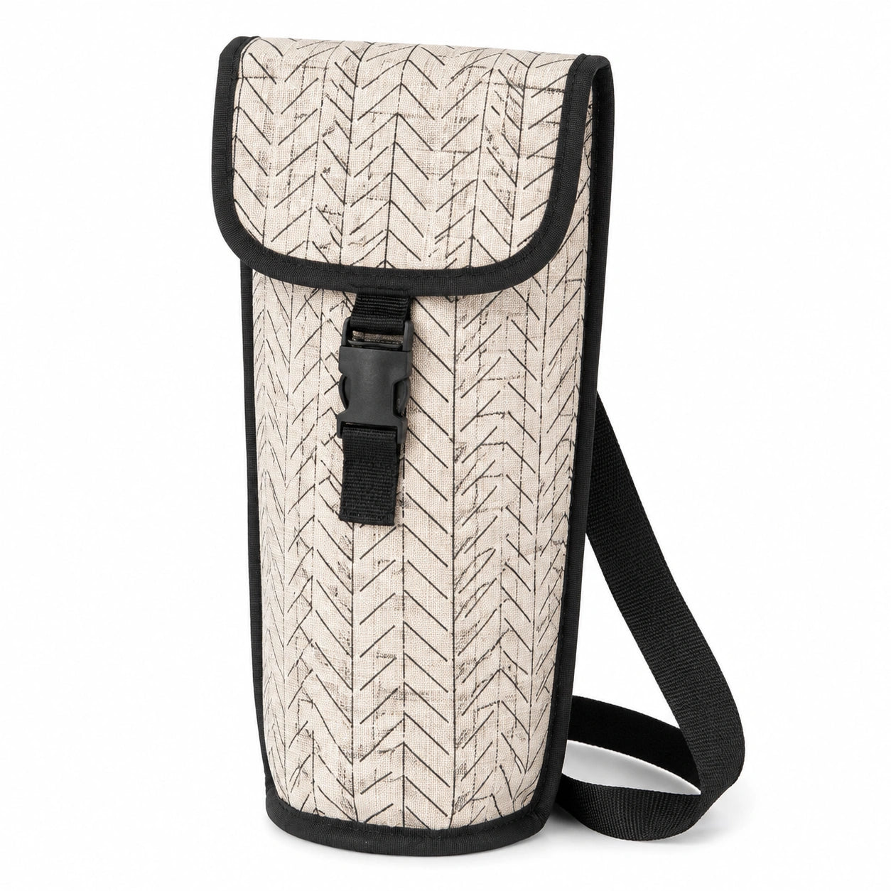 Portabottiglie 10 x 10 x 32 cm in tessuto beige e nero con tracolla e chiusura a fibbia