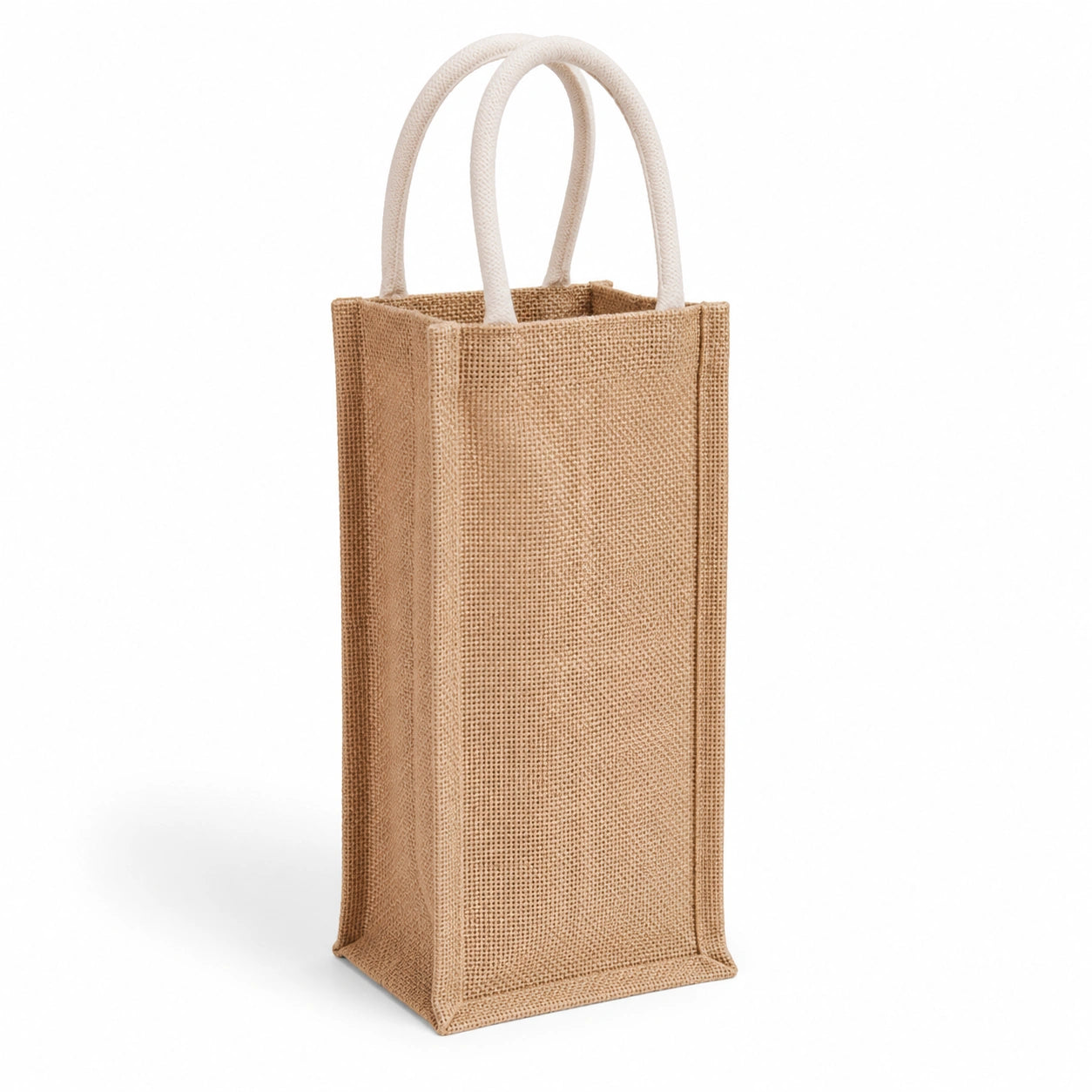 Borsa portabottiglie 12 x 10 x 35 cm in juta beige con manici in corda - stile rustico