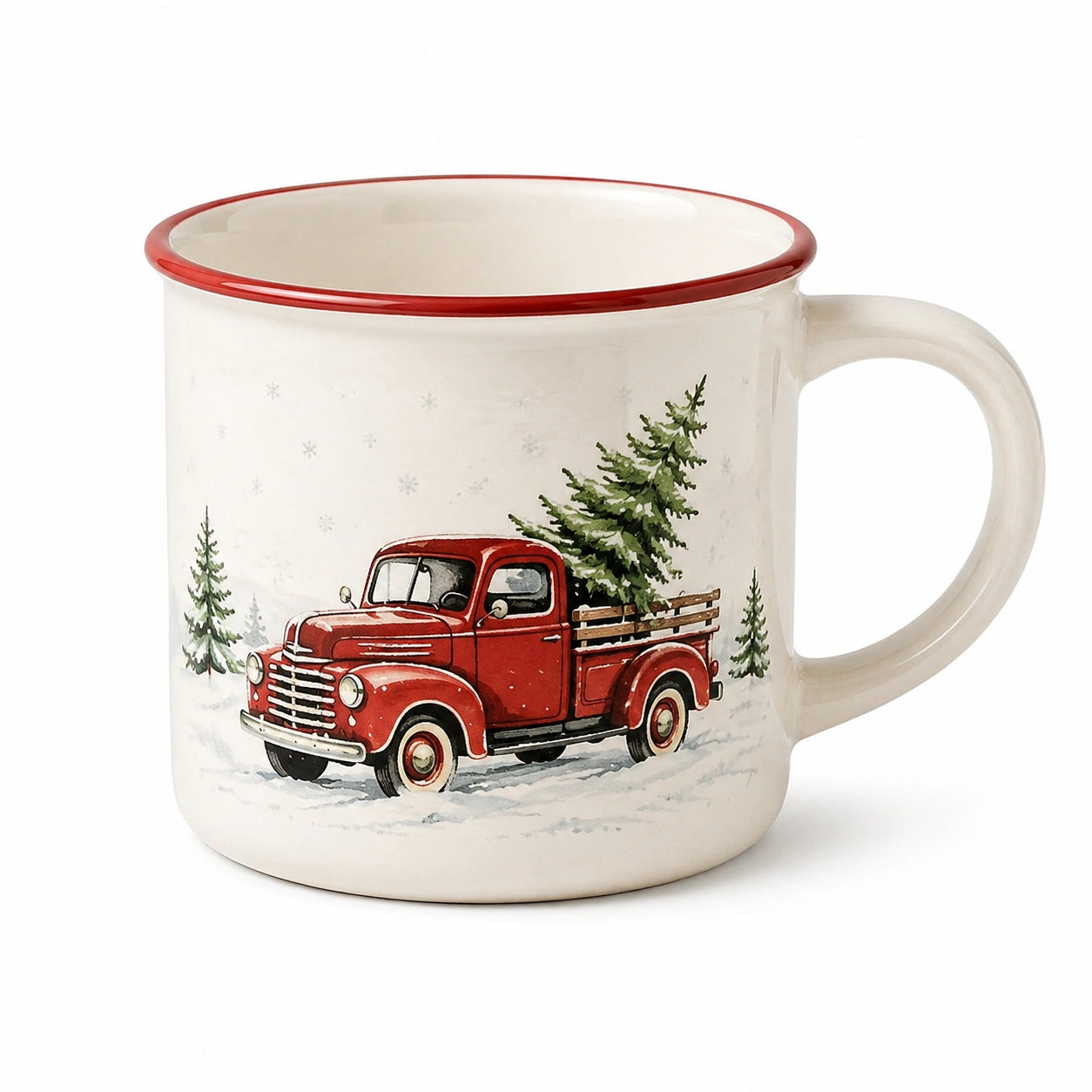Tazza in ceramica 350 ml bianca e rossa con manico - motivo camion natalizio