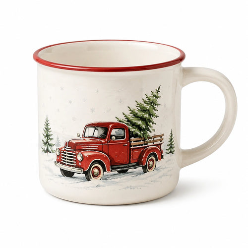 Tazza in ceramica 350 ml bianca e rossa con manico - motivo camion natalizio